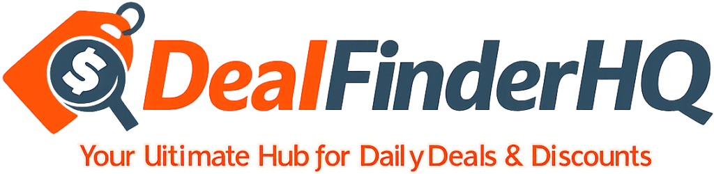 DealFinderHQ logo with price tag and magnifying glass icon, featuring the tagline ‘Your Ultimate Hub for Daily Deals & Discounts’.