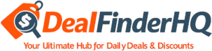 DealFinderHQ logo with price tag and magnifying glass icon, featuring the tagline ‘Your Ultimate Hub for Daily Deals & Discounts’.